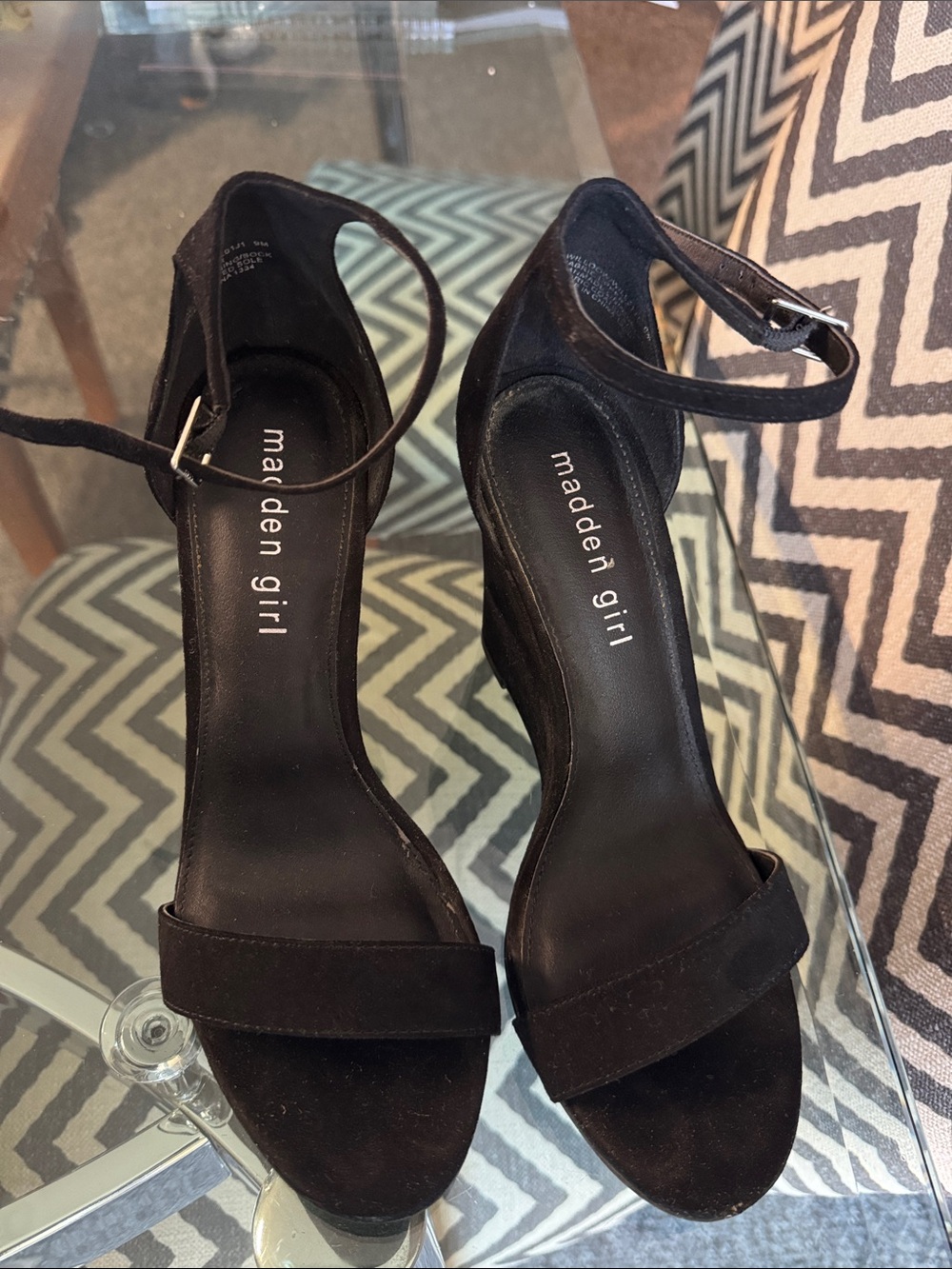 Madden Girl Black Faux Suede Ankle-Strap Wedge Heels Size 9